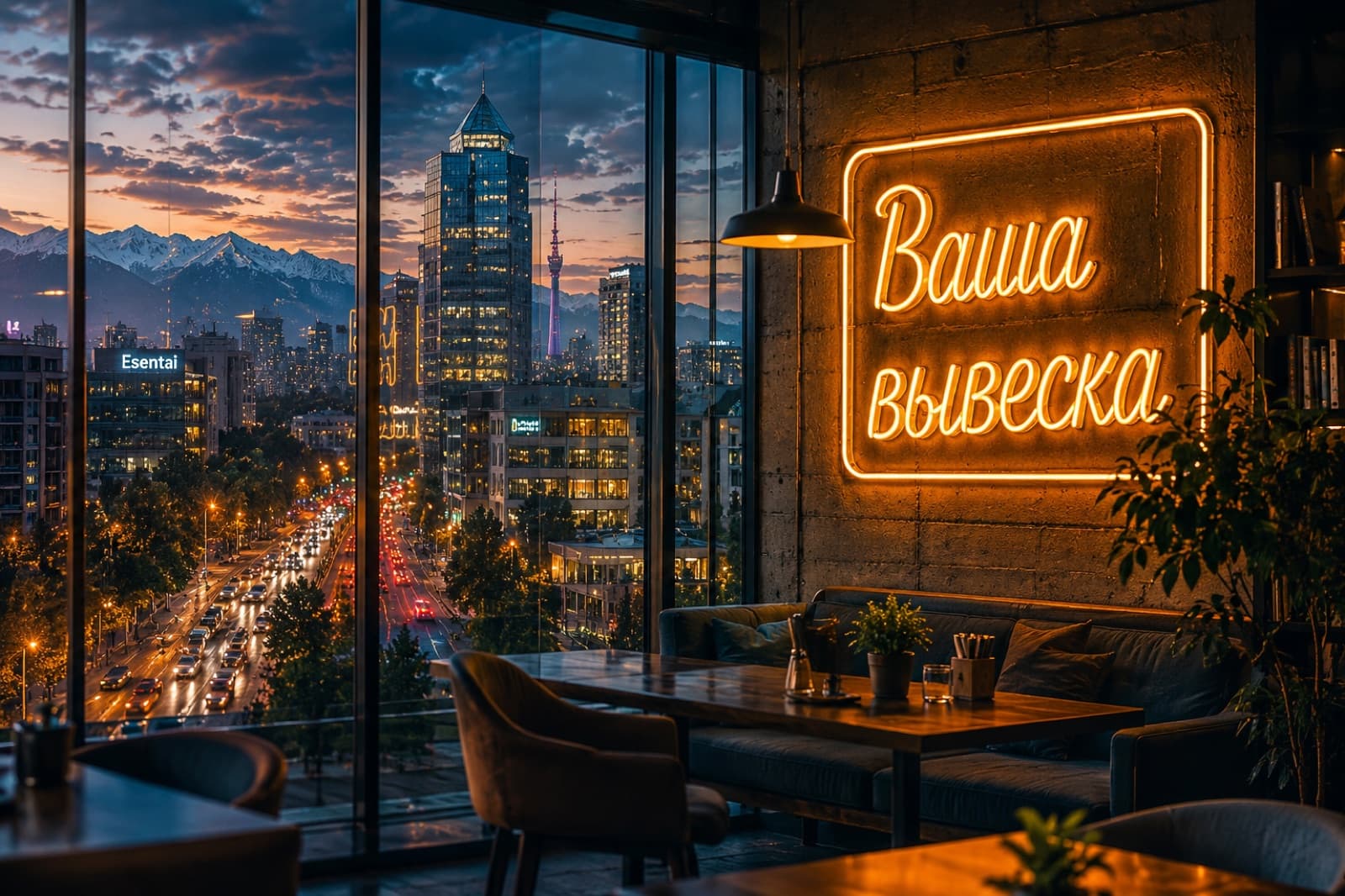 Интерьер кафе с неоновой вывеской и видом на вечерний Алматы
