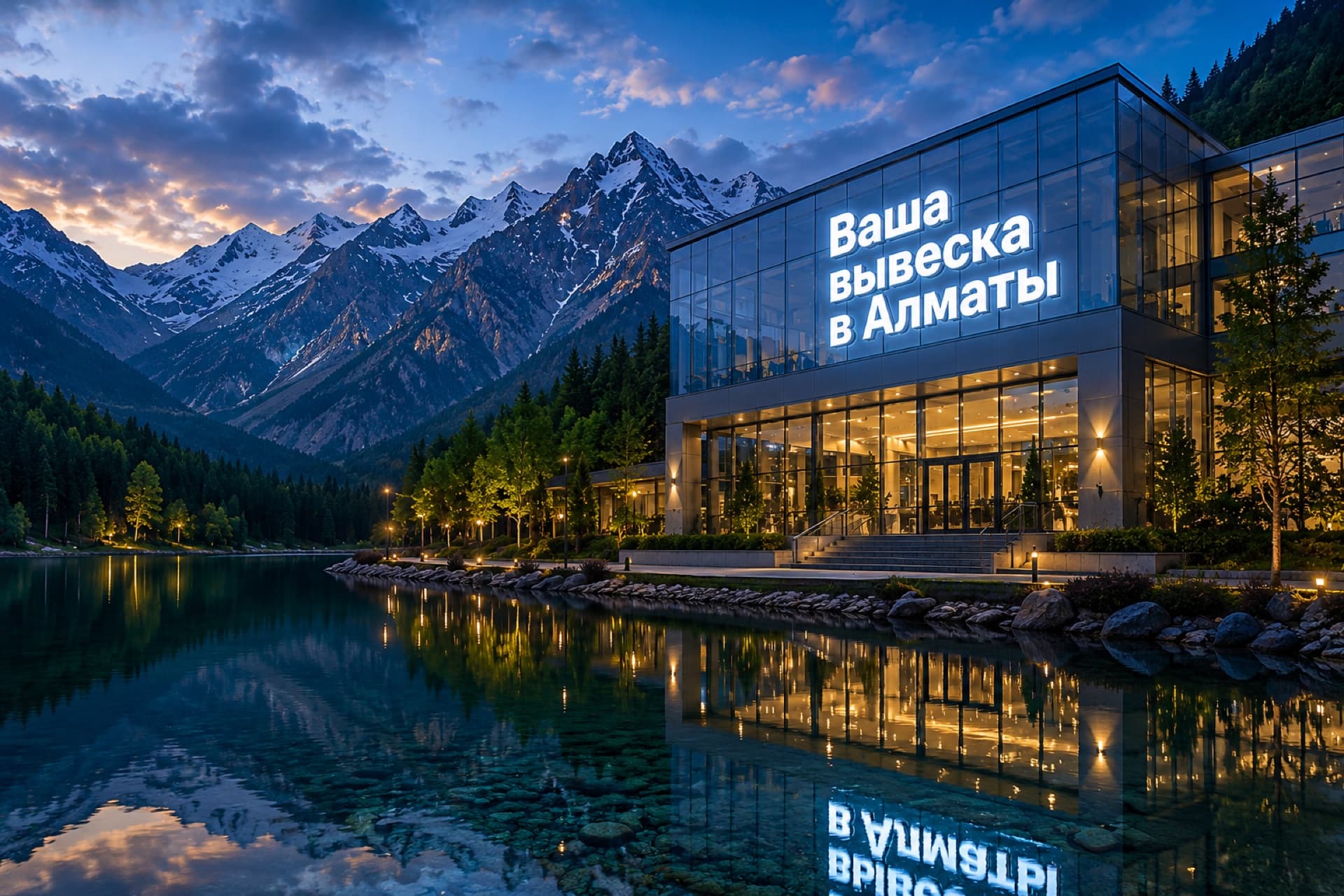 Подсвеченная вывеска «Ваша вывеска в Алматы» на фасаде здания на фоне гор